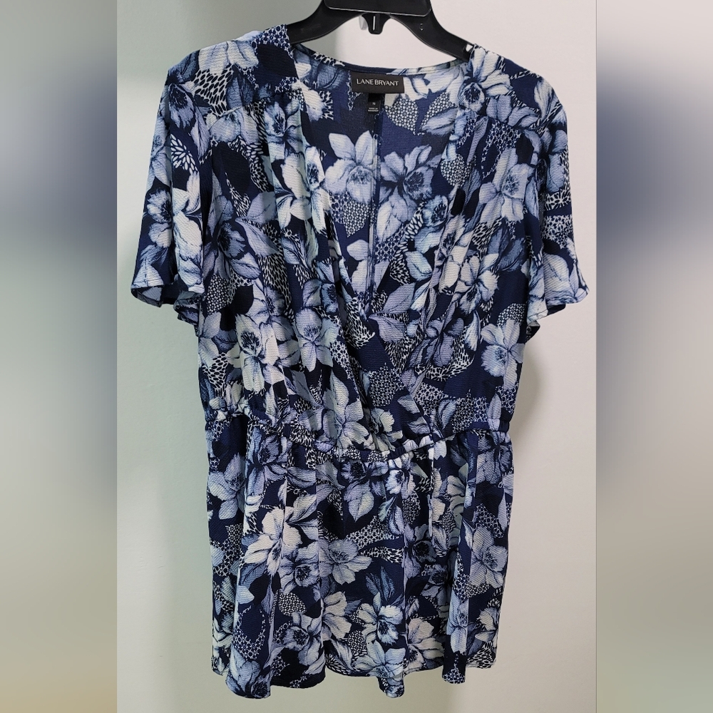 Flowy & Floral! Lane Bryant Peplum/Faux Wrap Around Blouse - Blue & White